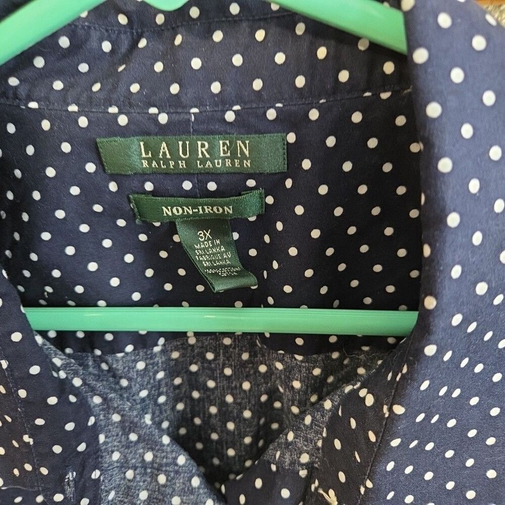 Lauren Ralph Lauren Navy Polka Dot Button 3/4 Sleeve Shirt No Iron 3X Plus Size - Picture 2 of 8